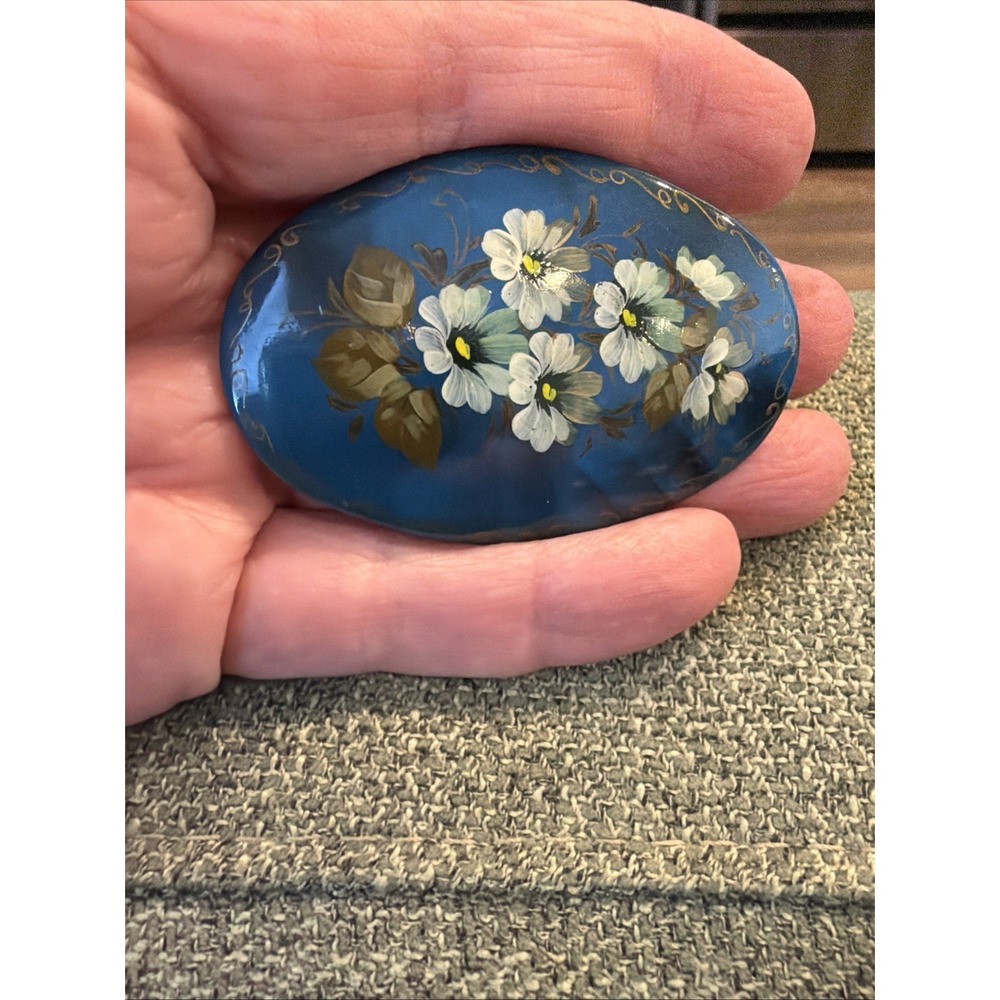 Hand Painted Russian Lacquer Brooch Floral Blue Signed Made In Russia Vintage